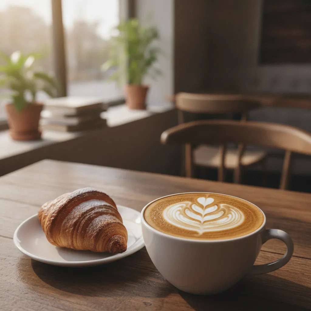 Xícara de café especial coado ao lado de grãos torrados sobre mesa de madeira